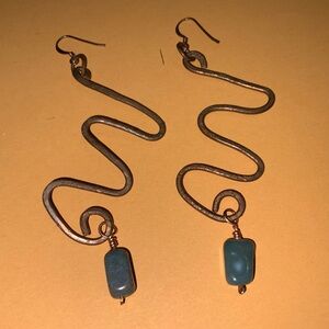 Artistic Handmade Eclectic Copper Dangle Earrings w/ Authentic Green Aventurine
